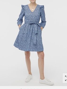 J. Crew Factory Blue Floral V-Neck Tie-Waist Mini Dress